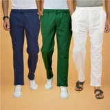 Combo of 3 White Navy Blue and Bottle Green Cotton Regular Trouser Pants-42382