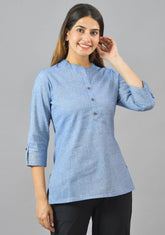 Mandarin Collar Roll-Up Sleeves Cotton Top