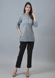 Women Striped Mandarin Collar Cuffed Sleeves Cotton Top