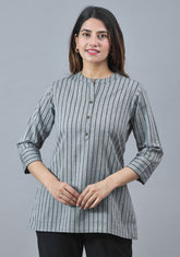 Women Striped Mandarin Collar Cuffed Sleeves Cotton Top