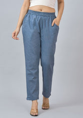 Gray Solid Cotton Flax Trouser Pants