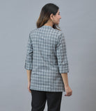 Checked Mandarin Collar Roll-Up Sleeves Cotton Top