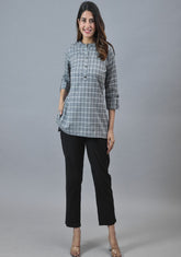 Gray White Cotton Checks Women Top-10282