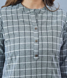 Checked Mandarin Collar Roll-Up Sleeves Cotton Top
