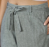 Gray White Cotton Stripe Belt Pant