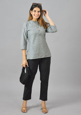 Gray White Cotton Stripe Women Top-10378-T