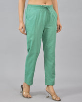 Green Solid Cotton Flax Women Trouser