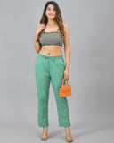 Green Solid Cotton Flax Women Trouser