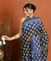Bagru Block Print Cotton mulmul Sarees With Running Black Purple HS-5069