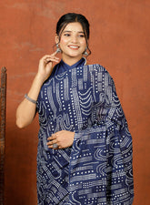 Bagru Block Print Cotton mulmul Sarees With Running Blue HS-5072