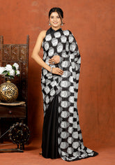 Bagru Block Print Cotton mulmul Sarees With Running Black White HS-5073