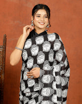 Bagru Block Print Cotton mulmul Sarees With Running Black White HS-5073