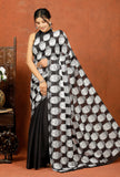 Bagru Block Print Cotton mulmul Sarees With Running Black White HS-5073