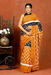 Bagru Block Print Cotton mulmul Sarees With Running Black Orange HS-5074