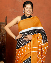 Bagru Block Print Cotton mulmul Sarees With Running Black Orange HS-5074