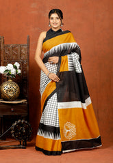 Bagru Block Print Cotton mulmul Sarees With Running Black White HS-5075