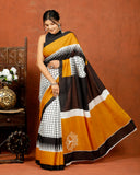 Bagru Block Print Cotton mulmul Sarees With Running Black White HS-5075