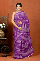 Bagru Block Print Cotton mulmul Sarees With Running Purple HS-5076