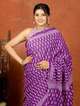 Bagru Block Print Cotton mulmul Sarees With Running Purple HS-5076
