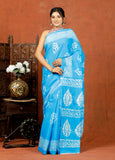 Bagru Block Print Cotton mulmul Sarees With Running Sky Blue HS-5077
