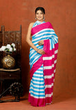 Bagru Block Print Cotton mulmul Sarees With Running White Sky Blue HS-5078