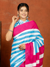 Bagru Block Print Cotton mulmul Sarees With Running White Sky Blue HS-5078