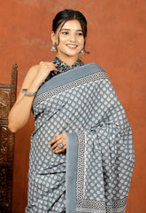 Bagru Block Print Cotton mulmul Sarees With Running Grey HS-5079