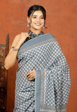 Bagru Block Print Cotton mulmul Sarees With Running Grey HS-5079