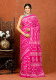 Bagru Block Print Cotton mulmul Sarees With Running Pink HS-5080
