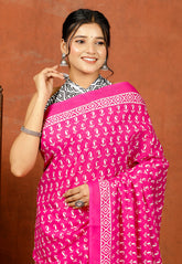 Bagru Block Print Cotton mulmul Sarees With Running Pink HS-5080
