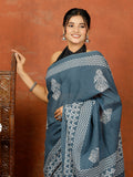 Bagru Block Print Cotton mulmul Sarees With Running Grey HS-5082