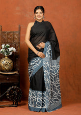 Bagru Block Print Cotton mulmul Sarees With Running Black Grey HS-5083