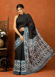 Bagru Block Print Cotton mulmul Sarees With Running Black Grey HS-5083