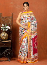 Bagru Block Print Cotton mulmul Sarees With Running White Yellow HS-5085