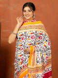 Bagru Block Print Cotton mulmul Sarees With Running White Yellow HS-5085