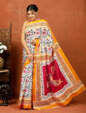 Bagru Block Print Cotton mulmul Sarees With Running White Yellow HS-5085
