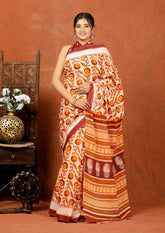 Bagru Block Print Cotton mulmul Sarees With Running Brown White HS-5086