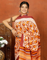 Bagru Block Print Cotton mulmul Sarees With Running Brown White HS-5086