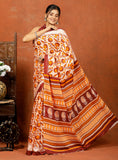 Bagru Block Print Cotton mulmul Sarees With Running Brown White HS-5086