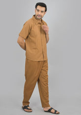 MEN COTTON SHIRT SOLID CO-ORD SET BROWN-47321