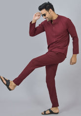 MEN COTTON SOLID CO-ORD SET WINE-25666