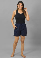 Navy Blue Solid Cotton Flax Shorts