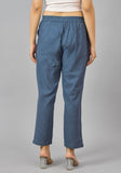 Navy Blue Solid Cotton Flax Trouser Pants