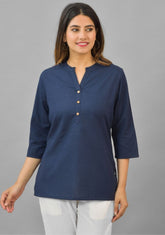 Navy Blue Solid Cotton Flax Women Top-10387