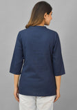 Navy Blue Solid Cotton Flax Women Top-10387