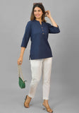 Navy Blue Solid Cotton Flax Women Top-10387
