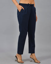 Navy Blue Solid Cotton Flax Women Trouser