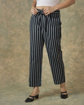 Navy Blue White Cotton Stripe Belt Pant