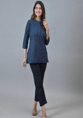 Navy Blue White Cotton Stripe Women Top-10278