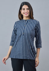 Navy Blue White Cotton Stripe Women Top-10284